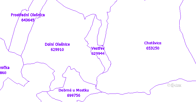 Katastrální mapa Vestřev - přehledová mapa katastrálního území