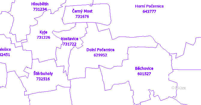 Katastrální mapa Dolní Počernice - přehledová mapa katastrálního území
