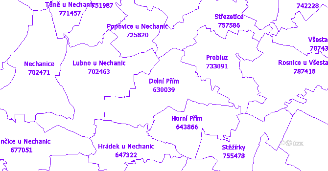 Katastrální mapa Dolní Přím - přehledová mapa katastrálního území