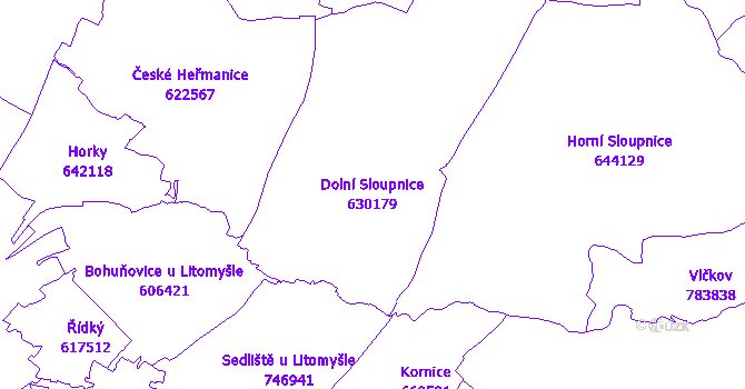 Katastrální mapa Dolní Sloupnice - přehledová mapa katastrálního území