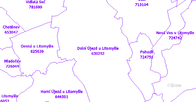 Katastrální mapa Dolní Újezd u Litomyšle - přehledová mapa katastrálního území