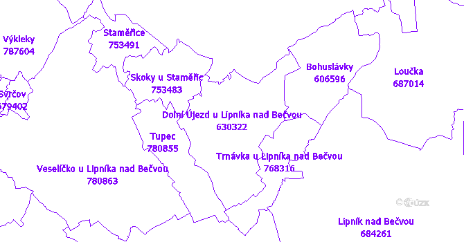 Katastrální mapa Dolní Újezd u Lipníka nad Bečvou - přehledová mapa katastrálního území