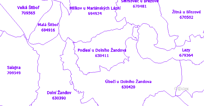 Katastrální mapa Podlesí u Dolního Žandova - přehledová mapa katastrálního území