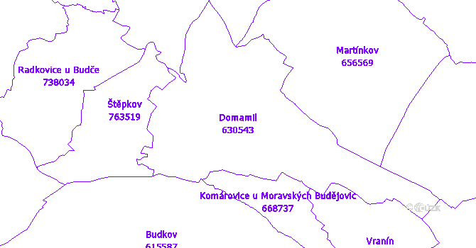Katastrální mapa Domamil - přehledová mapa katastrálního území