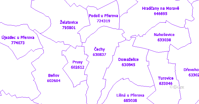Katastrální mapa Čechy - přehledová mapa katastrálního území