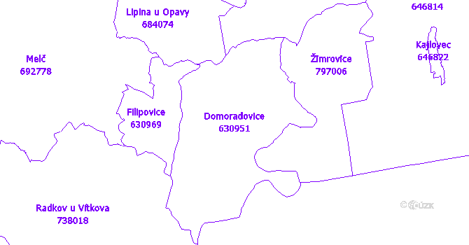 Katastrální mapa Domoradovice - přehledová mapa katastrálního území
