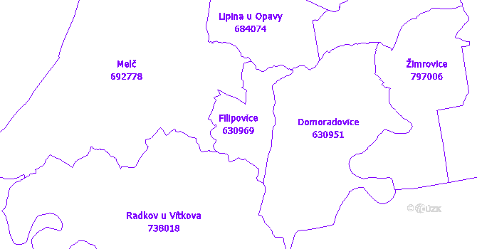 Katastrální mapa Filipovice - přehledová mapa katastrálního území