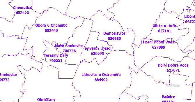 Katastrální mapa Sylvárův Újezd - přehledová mapa katastrálního území