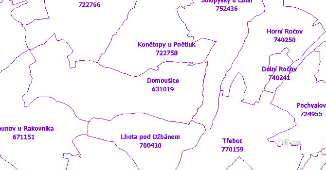 Katastrální mapa Domoušice - přehledová mapa katastrálního území