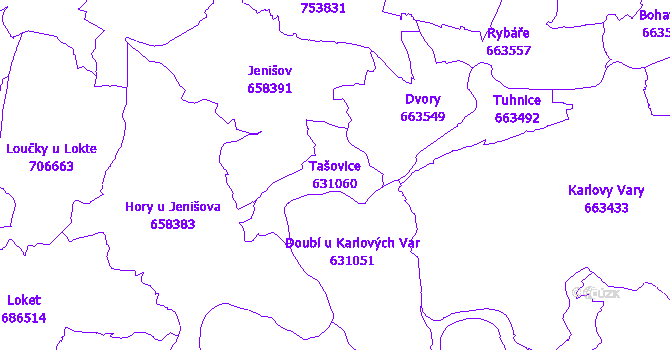 Katastrální mapa Tašovice - přehledová mapa katastrálního území
