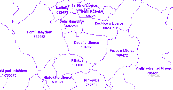 Katastrální mapa Doubí u Liberce - přehledová mapa katastrálního území