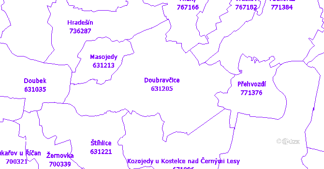 Katastrální mapa Doubravčice - přehledová mapa katastrálního území