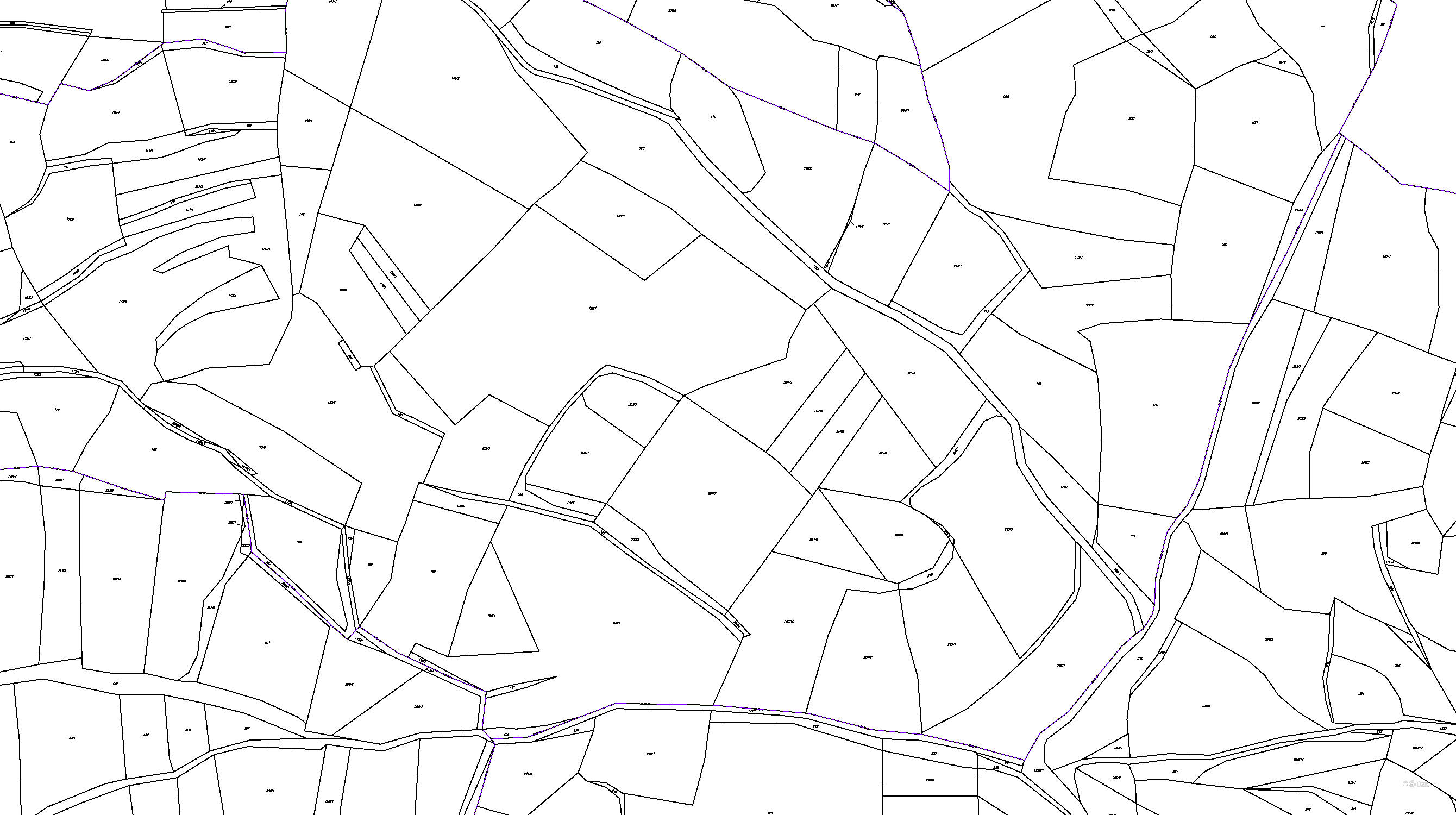 Katastrální mapa pozemků a čísla parcel Počátky u Volyně