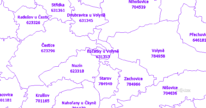 Katastrální mapa Počátky u Volyně - přehledová mapa katastrálního území
