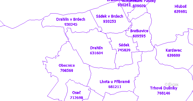 Katastrální mapa Drahlín - přehledová mapa katastrálního území