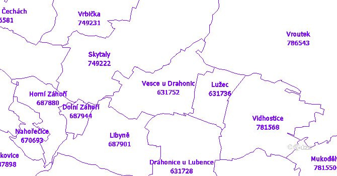 Katastrální mapa Vesce u Drahonic - přehledová mapa katastrálního území