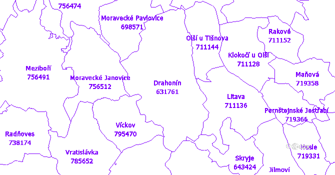 Katastrální mapa Drahonín - přehledová mapa katastrálního území