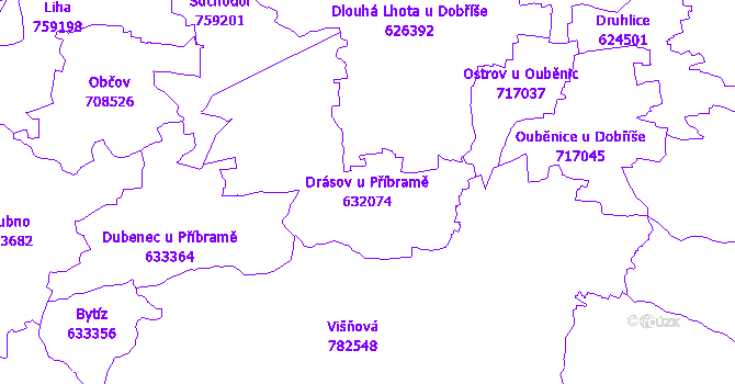 Katastrální mapa Drásov u Příbramě - přehledová mapa katastrálního území
