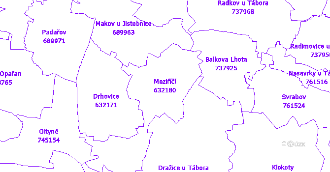 Katastrální mapa Meziříčí - přehledová mapa katastrálního území