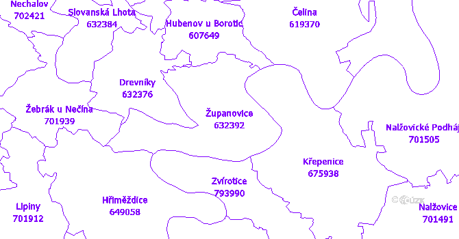 Katastrální mapa Županovice - přehledová mapa katastrálního území