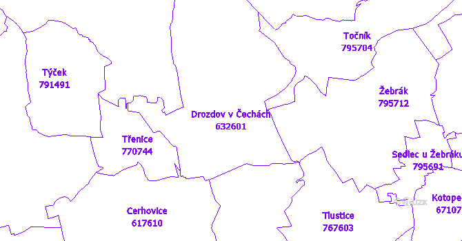 Katastrální mapa Drozdov v Čechách - přehledová mapa katastrálního území