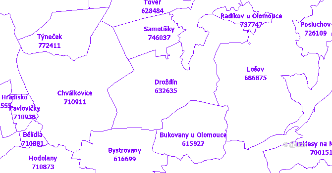 Katastrální mapa Droždín - přehledová mapa katastrálního území