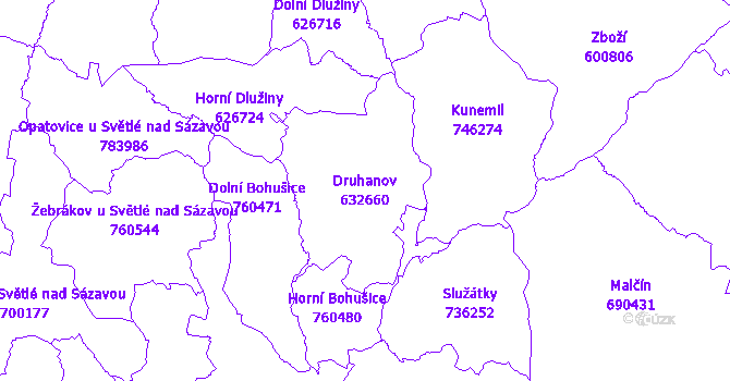 Katastrální mapa Druhanov - přehledová mapa katastrálního území