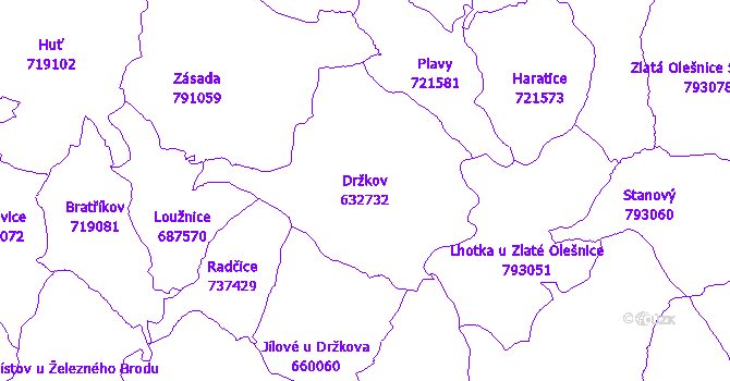 Katastrální mapa Držkov - přehledová mapa katastrálního území