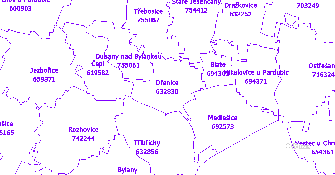 Katastrální mapa Dřenice - přehledová mapa katastrálního území