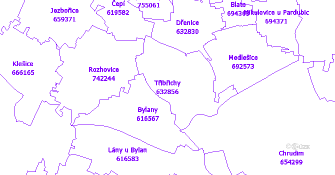 Katastrální mapa Třibřichy - přehledová mapa katastrálního území