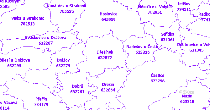 Katastrální mapa Dřešínek - přehledová mapa katastrálního území