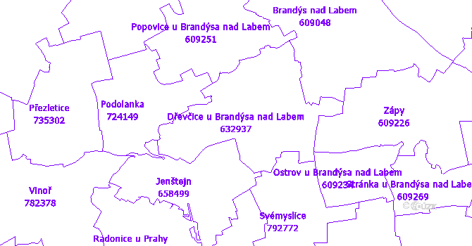 Katastrální mapa Dřevčice u Brandýsa nad Labem - přehledová mapa katastrálního území