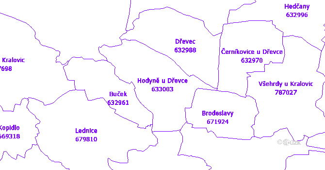 Katastrální mapa Hodyně u Dřevce - přehledová mapa katastrálního území