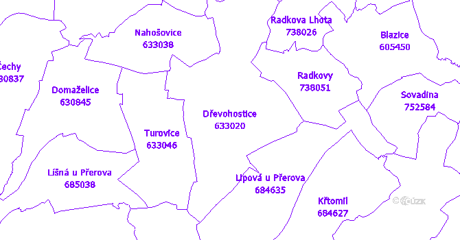 Katastrální mapa Dřevohostice - přehledová mapa katastrálního území