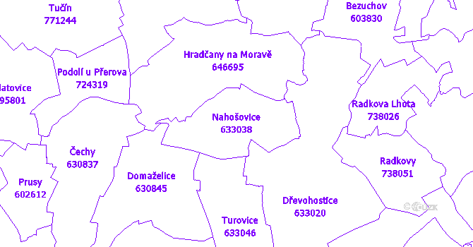 Katastrální mapa Nahošovice - přehledová mapa katastrálního území