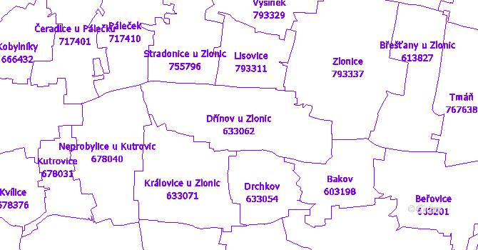 Katastrální mapa Dřínov u Zlonic - přehledová mapa katastrálního území