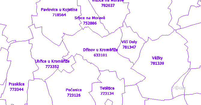 Katastrální mapa Dřínov u Kroměříže - přehledová mapa katastrálního území