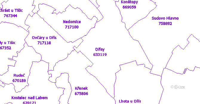 Katastrální mapa Dřísy - přehledová mapa katastrálního území
