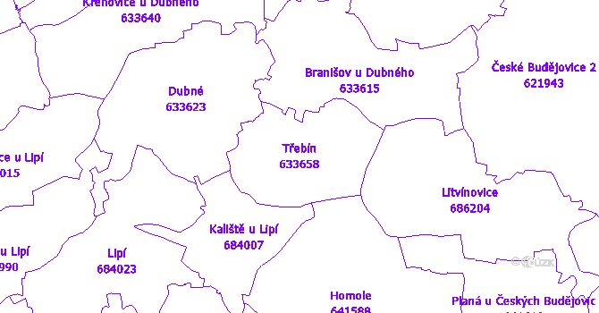 Katastrální mapa Třebín - přehledová mapa katastrálního území
