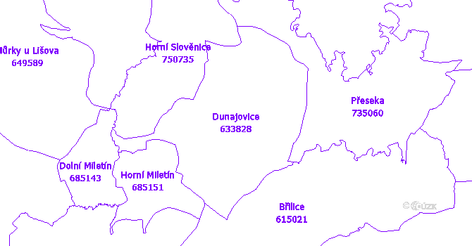 Katastrální mapa Dunajovice - přehledová mapa katastrálního území