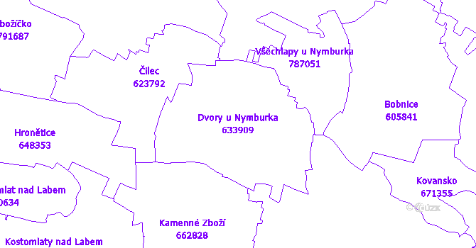 Katastrální mapa Dvory u Nymburka - přehledová mapa katastrálního území