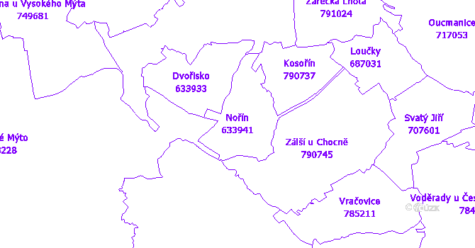 Katastrální mapa Nořín - přehledová mapa katastrálního území