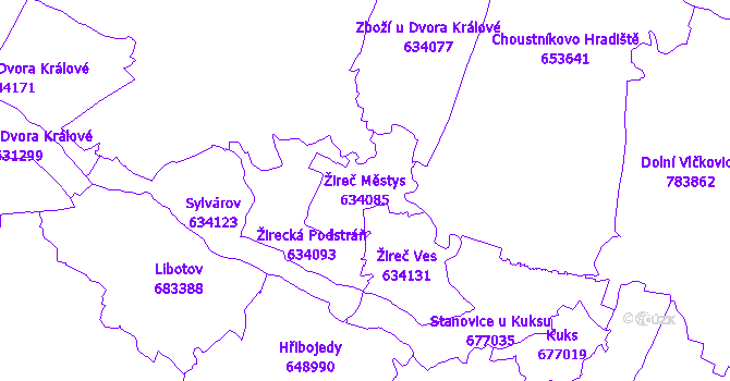 Katastrální mapa Žireč Městys - přehledová mapa katastrálního území
