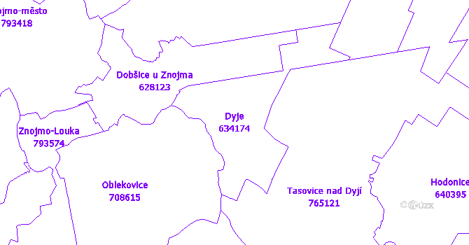 Katastrální mapa Dyje - přehledová mapa katastrálního území
