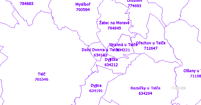Katastrální mapa Dolní Dvorce u Telče - přehledová mapa katastrálního území