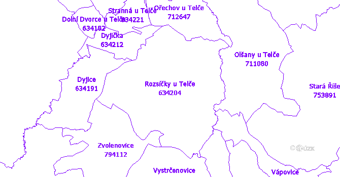Katastrální mapa Rozsíčky u Telče - přehledová mapa katastrálního území