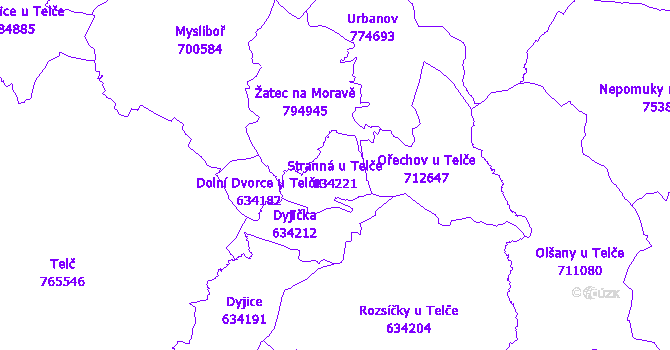 Katastrální mapa Stranná u Telče - přehledová mapa katastrálního území