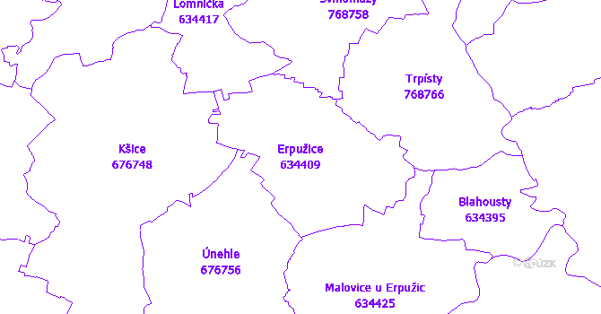 Katastrální mapa Erpužice - přehledová mapa katastrálního území