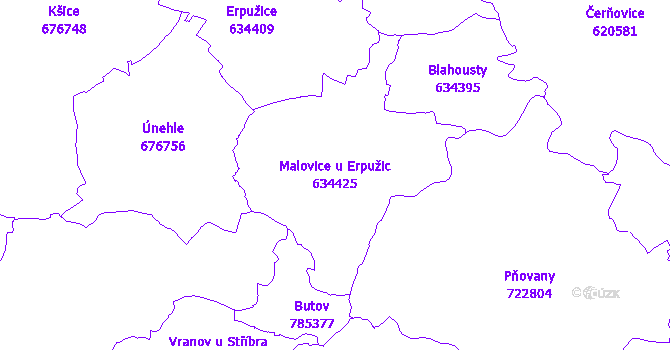 Katastrální mapa Malovice u Erpužic - přehledová mapa katastrálního území