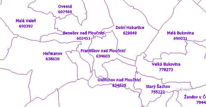 Katastrální mapa Františkov nad Ploučnicí - přehledová mapa katastrálního území